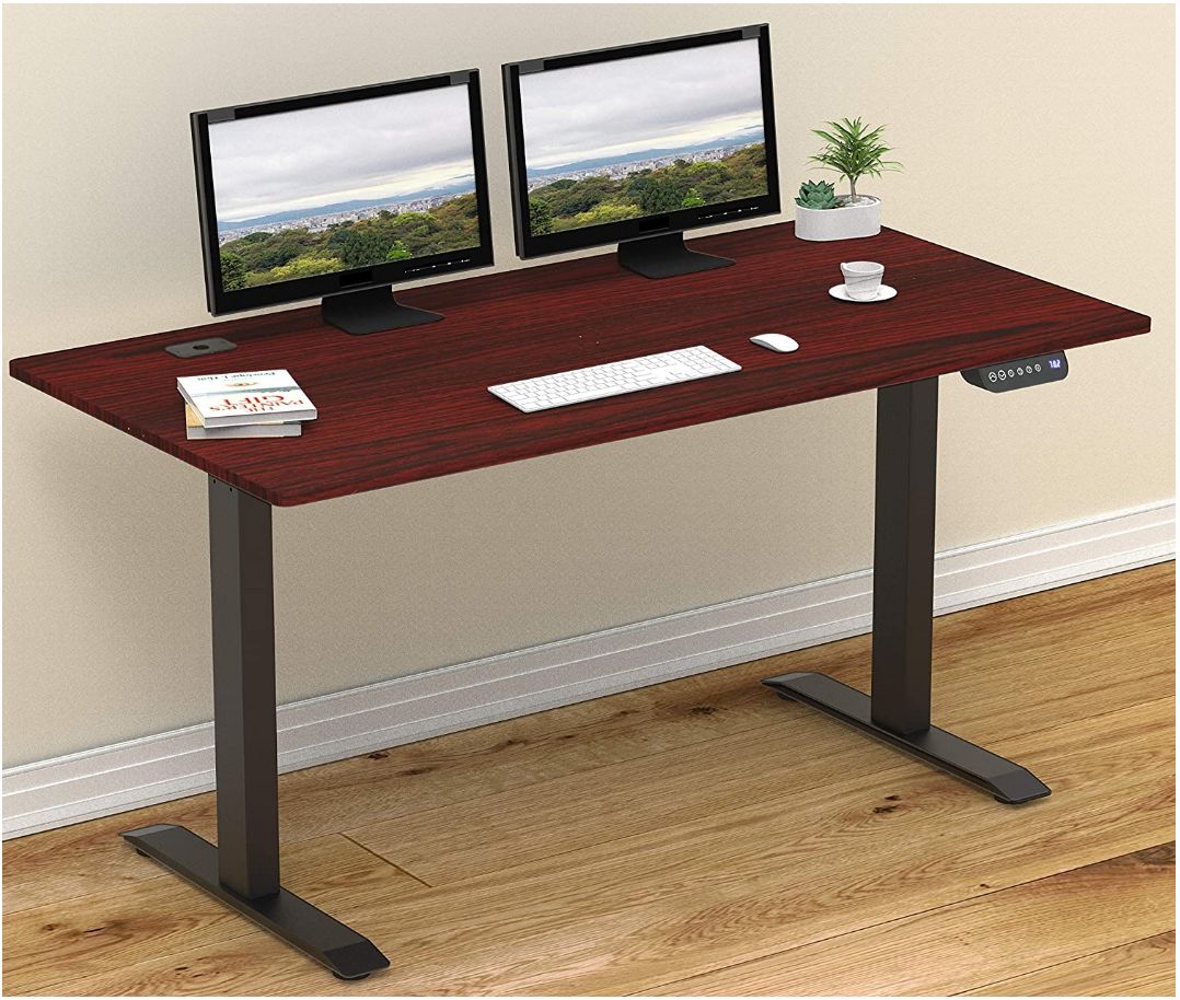 SHW 55 Inch Large Electric Height Adjustable Computer Desk 55 X 28 Inches Cherry Oak Engineered Wood Rectangle SIT STAND Ys 